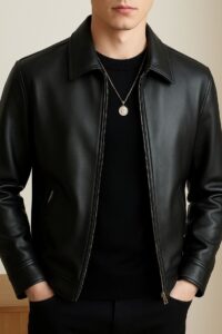 Men's Clean-Cut Black Leather Blouson