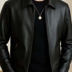 Men's Clean-Cut Black Leather Blouson