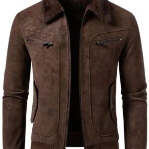 Men's Suede Jacket with Faux Fur Collar